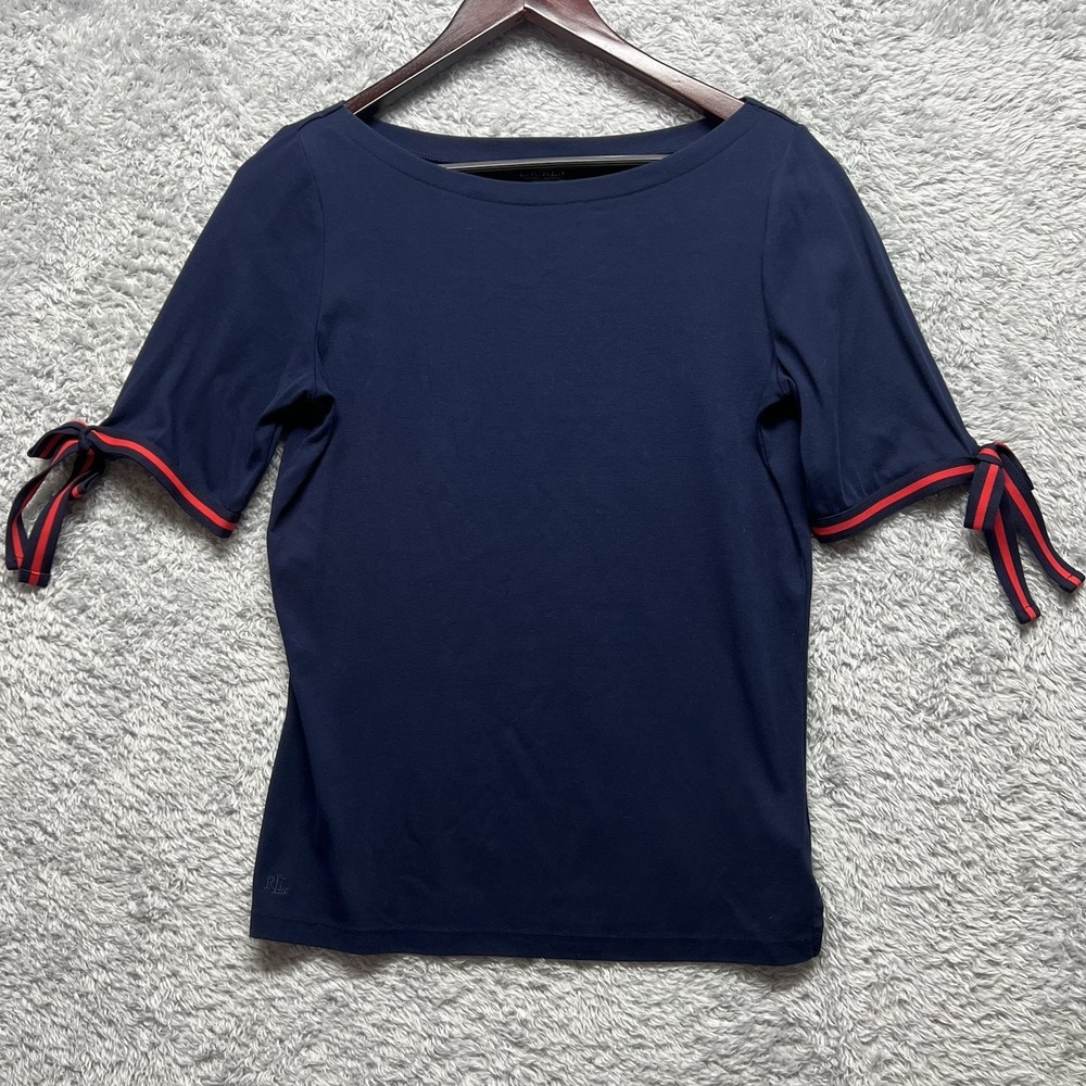 Lauren Ralph Lauren Top Womens Large Blue Red Nautical Coastal Sailor Tie Sleeve